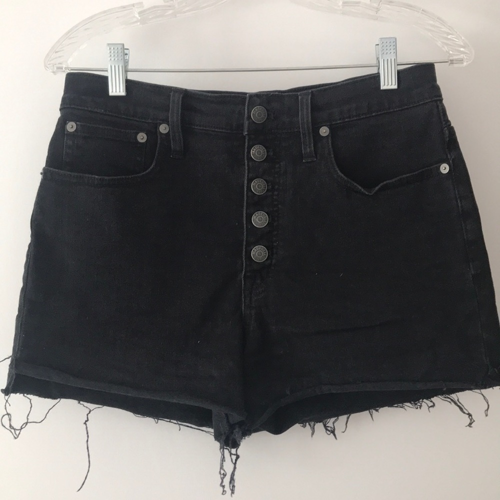 High waisted button front black denim shorts